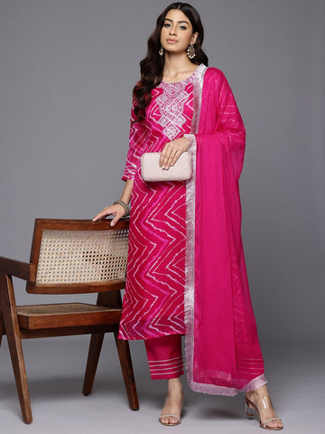 Varanga Women Fuchsia Bandhani Printed Zari Embroidered Kurta With Bottom And Dupatta