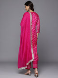 Varanga Women Fuchsia Bandhani Printed Zari Embroidered Kurta With Bottom And Dupatta