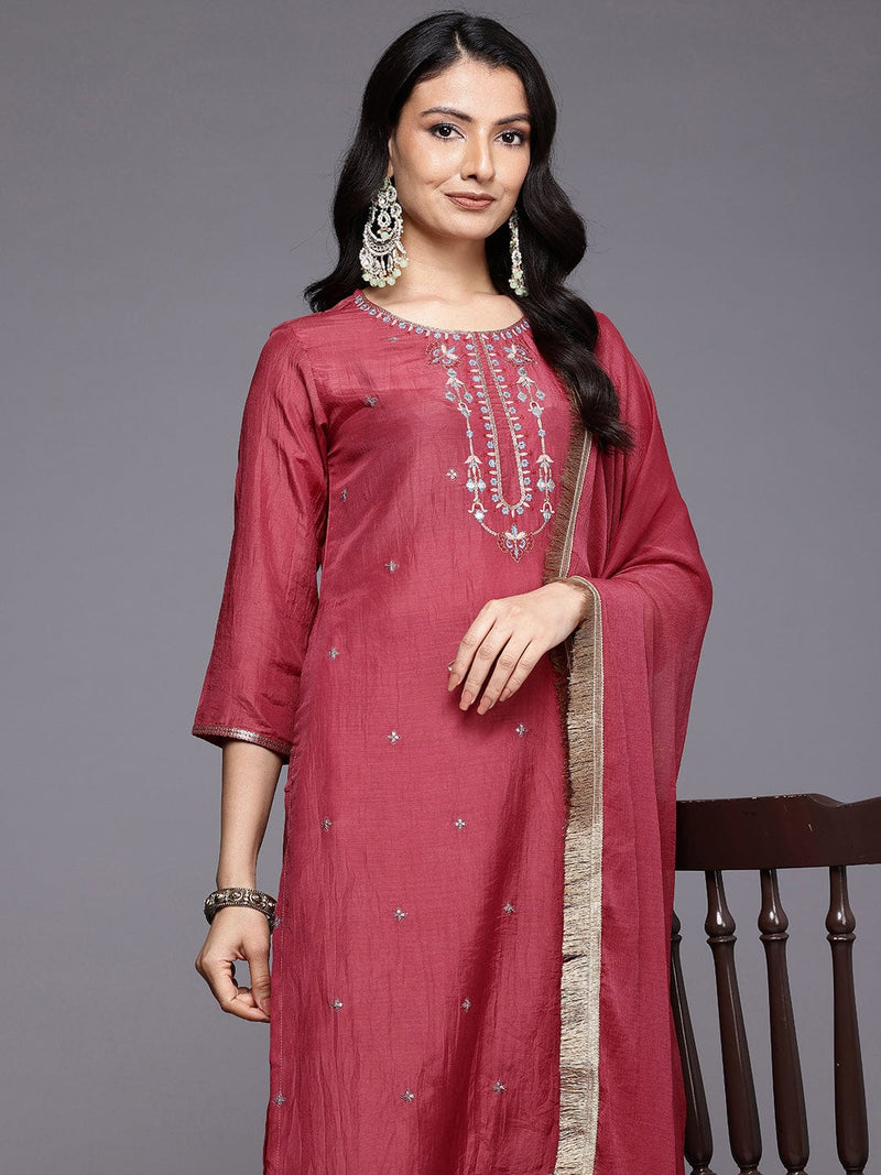 Varanga Women Peach Gota Patti And Zari Embroidered Kurta Set With Dupatta