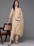 Varanga Women Beige Thread Embroidered Kurta With Organza Hem Paired Bottom And Dupatta