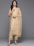 Varanga Women Beige Thread Embroidered Kurta With Organza Hem Paired Bottom And Dupatta