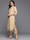 Varanga Women Beige Thread Embroidered Kurta With Organza Hem Paired Bottom And Dupatta