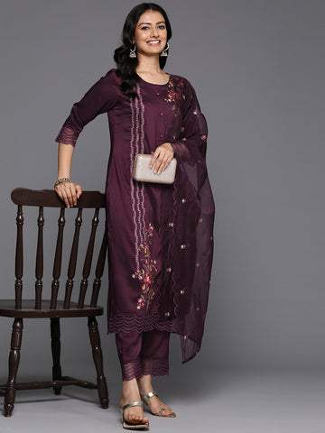 Varanga Women Purple Thread Embroidered Kurta With Organza Hem Paired Bottom And Dupatta
