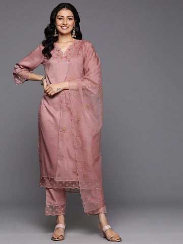 Varanga Women Peach Thread Embroidered Kurta With Organza Hem Paired Bottom And Dupatta