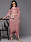 Varanga Women Peach Thread Embroidered Kurta With Organza Hem Paired Bottom And Dupatta