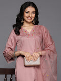 Varanga Women Peach Thread Embroidered Kurta With Organza Hem Paired Bottom And Dupatta