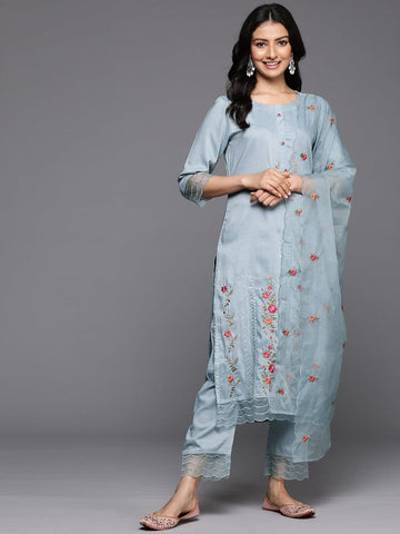 Varanga Women Blue Thread Embroidered Kurta With Organza Hem Paired Bottom And Dupatta