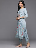 Varanga Women Blue Thread Embroidered Kurta With Organza Hem Paired Bottom And Dupatta