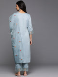 Varanga Women Blue Thread Embroidered Kurta With Organza Hem Paired Bottom And Dupatta