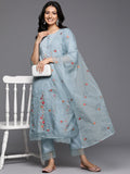 Varanga Women Blue Thread Embroidered Kurta With Organza Hem Paired Bottom And Dupatta