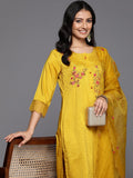 Varanga Women Yellow Thread Embroidered Kurta With Organza Hem Paired Bottom And Dupatta