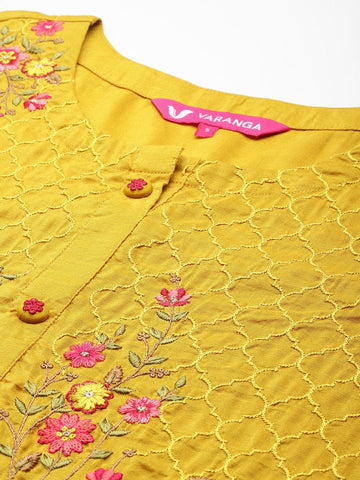 Varanga Women Yellow Thread Embroidered Kurta With Organza Hem Paired Bottom And Dupatta