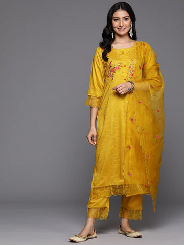 Varanga Women Yellow Thread Embroidered Kurta With Organza Hem Paired Bottom And Dupatta