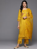 Varanga Women Yellow Thread Embroidered Kurta With Organza Hem Paired Bottom And Dupatta