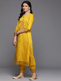 Varanga Women Yellow Thread Embroidered Kurta With Organza Hem Paired Bottom And Dupatta