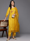 Varanga Women Yellow Thread Embroidered Kurta With Organza Hem Paired Bottom And Dupatta