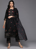 Varanga Women Black Thread Embroidered Kurta With Organza Hem Paired Bottom And Dupatta