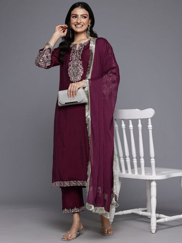 Varanga Women Purple Round Neck Embroidered Kurta With Embroidered Bottom And Tonal Dupatta