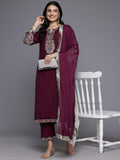 Varanga Women Purple Round Neck Embroidered Kurta With Embroidered Bottom And Tonal Dupatta