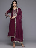 Varanga Women Purple Round Neck Embroidered Kurta With Embroidered Bottom And Tonal Dupatta