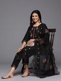 Varanga Women Black Round Neck Embroidered Kurta With Tonal Laced Bottom And Embroidered Dupatta