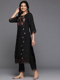 Varanga Women Black Round Neck Embroidered Kurta With Tonal Laced Bottom And Embroidered Dupatta