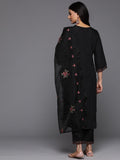 Varanga Women Black Round Neck Embroidered Kurta With Tonal Laced Bottom And Embroidered Dupatta