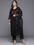 Varanga Women Black Round Neck Embroidered Kurta With Tonal Bottom And Organza Embroidered Dupatta