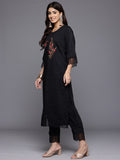 Varanga Women Black Round Neck Embroidered Kurta With Tonal Bottom And Organza Embroidered Dupatta