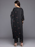 Varanga Women Black Round Neck Embroidered Kurta With Tonal Bottom And Organza Embroidered Dupatta