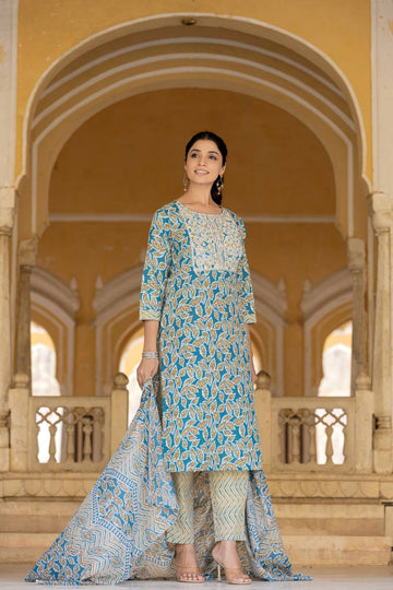 Varanga Women Blue Round Neck Floral Printed  Embroidered Kurta Paired With Bottom And  Dupatta