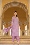 Varanga Women Lavender V Neck Thread Embroidered Kurta Paired With Printed Bottom And Dupatta