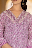 Varanga Women Lavender V Neck Thread Embroidered Kurta Paired With Printed Bottom And Dupatta