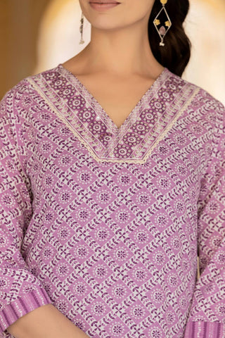Varanga Women Lavender V Neck Thread Embroidered Kurta Paired With Printed Bottom And Dupatta