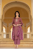 Varanga Women Printed Purple Round Neck Kurta With Printed Bottom And Dupatta