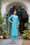 Varanga Women Printed Blue V Neck Embroidered Kurta With Printed Bottom And Dupatta