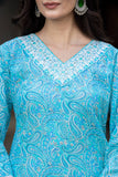 Varanga Women Printed Blue V Neck Embroidered Kurta With Printed Bottom And Dupatta