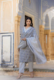 Varanga Women Grey Embroidered V Neck Kurta With Printed Bottom And Dupatta