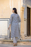 Varanga Women Grey Embroidered V Neck Kurta With Printed Bottom And Dupatta