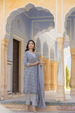 Varanga Women Grey Embroidered V Neck Kurta With Printed Bottom And Dupatta