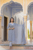 Varanga Women Grey Embroidered V Neck Kurta With Printed Bottom And Dupatta