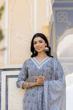 Varanga Women Grey Embroidered V Neck Kurta With Printed Bottom And Dupatta