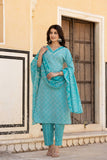 Varanga Women Blue V Neck Thread Embroidered Kurta Paired With Printed Bottom And Dupatta