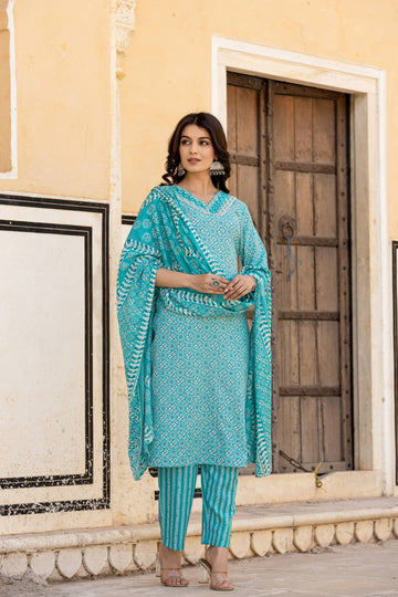 Varanga Women Blue V Neck Thread Embroidered Kurta Paired With Printed Bottom And Dupatta