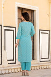 Varanga Women Blue V Neck Thread Embroidered Kurta Paired With Printed Bottom And Dupatta