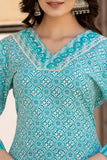 Varanga Women Blue V Neck Thread Embroidered Kurta Paired With Printed Bottom And Dupatta