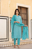 Varanga Women Blue V Neck Thread Embroidered Kurta Paired With Printed Bottom And Dupatta