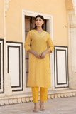 Varanga Women Yellow V Neck Thread Embroidered Kurta Paired With Printed Bottom And Dupatta