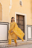 Varanga Women Yellow V Neck Thread Embroidered Kurta Paired With Printed Bottom And Dupatta