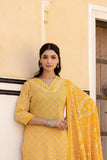 Varanga Women Yellow V Neck Thread Embroidered Kurta Paired With Printed Bottom And Dupatta